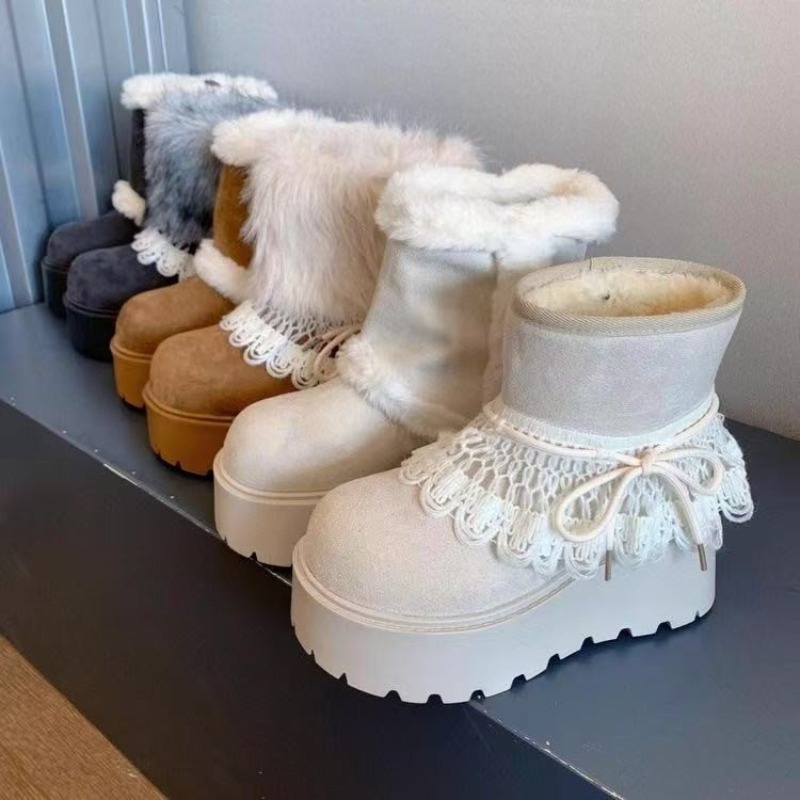 Embroidery Garments - Abnehmbare Spitzen-Schneestiefel mit Fellfutter für Damen,