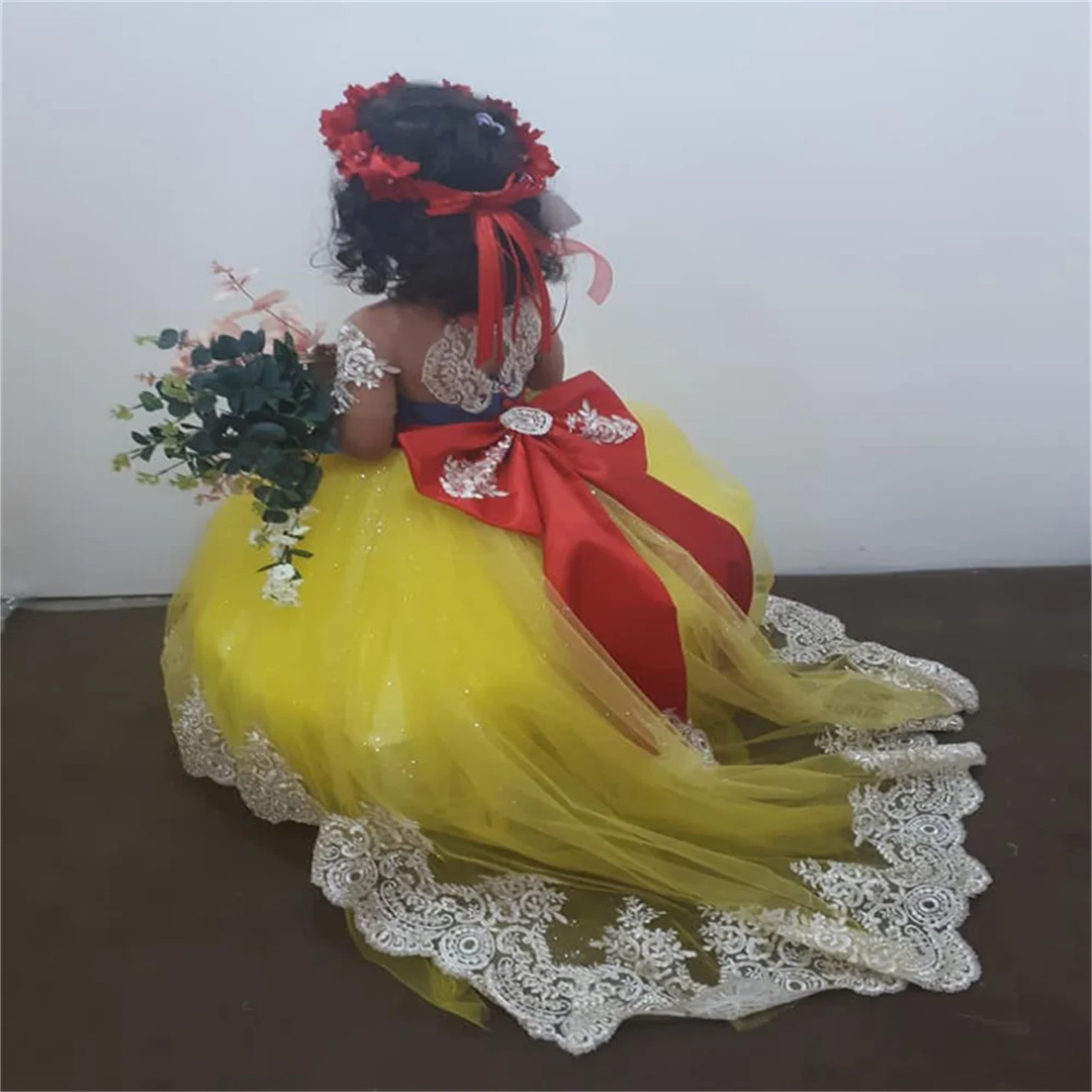Embroidery Yellow Dress - Hellgelbe Blumenmädchenkleider mit Schleife für Hochzeit,